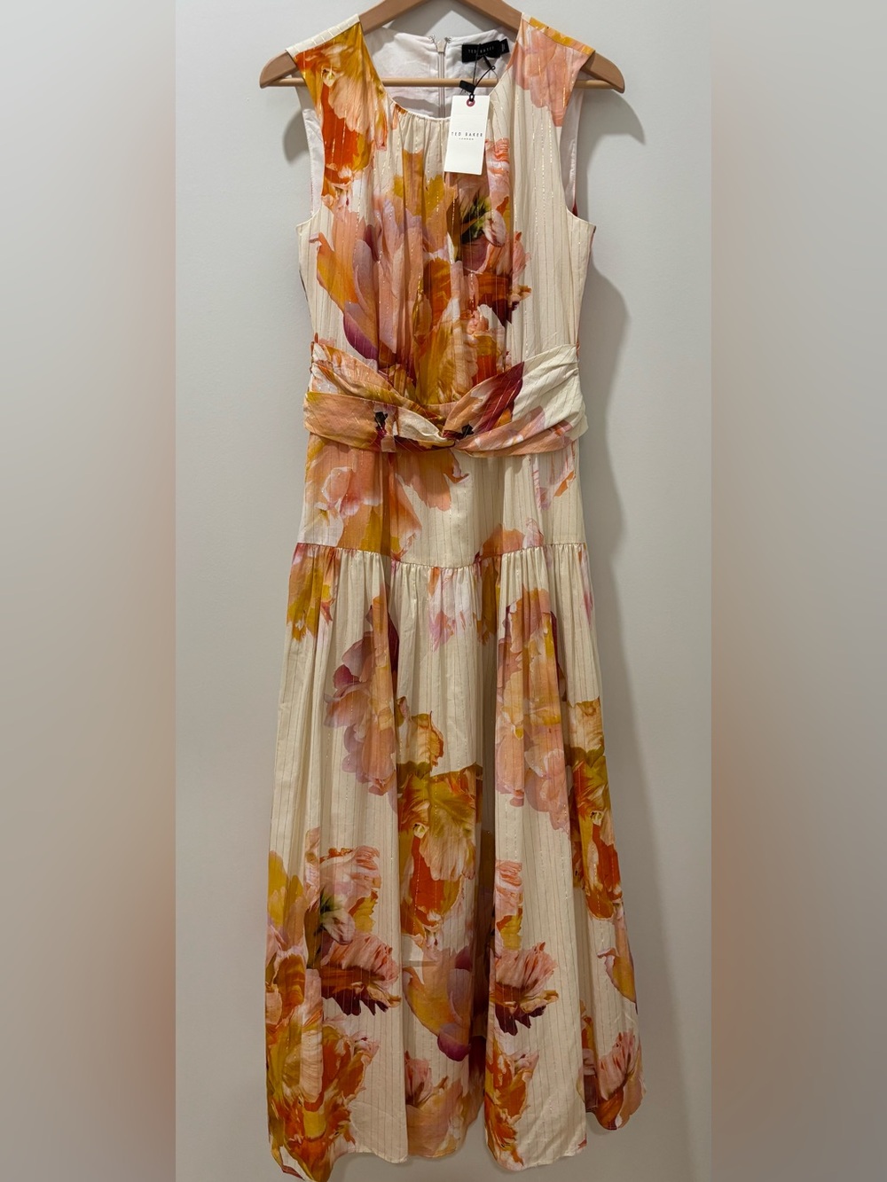 Ted Baker Dress, Maxi Floral Pleated Sleeveless, Size 4, Wedding Resort Vacation - Picture 7 of 9